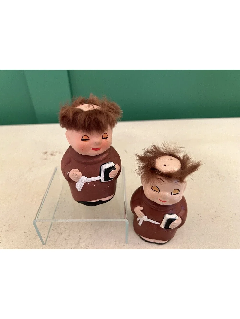 Vintage 3.5” Friar Tuck Monk Salt & Pepper Shakers, Fuzzy Hair Made In Japan